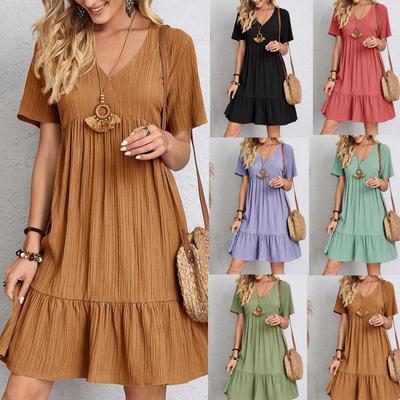 Summer Solid Dress for Women V-neck Short Sleeve High Waist Patchwork Short Dress Casual Fashion Loose Ruffled Dress Breathable  Lightweight Dress