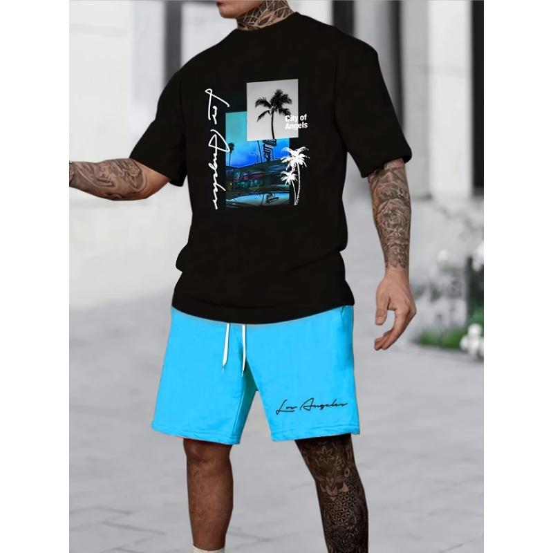 Men's Fashionable Two-piece Round Neck Short-sleeved Shorts Set, Summer Casual and Comfortable Sportswear for Men
