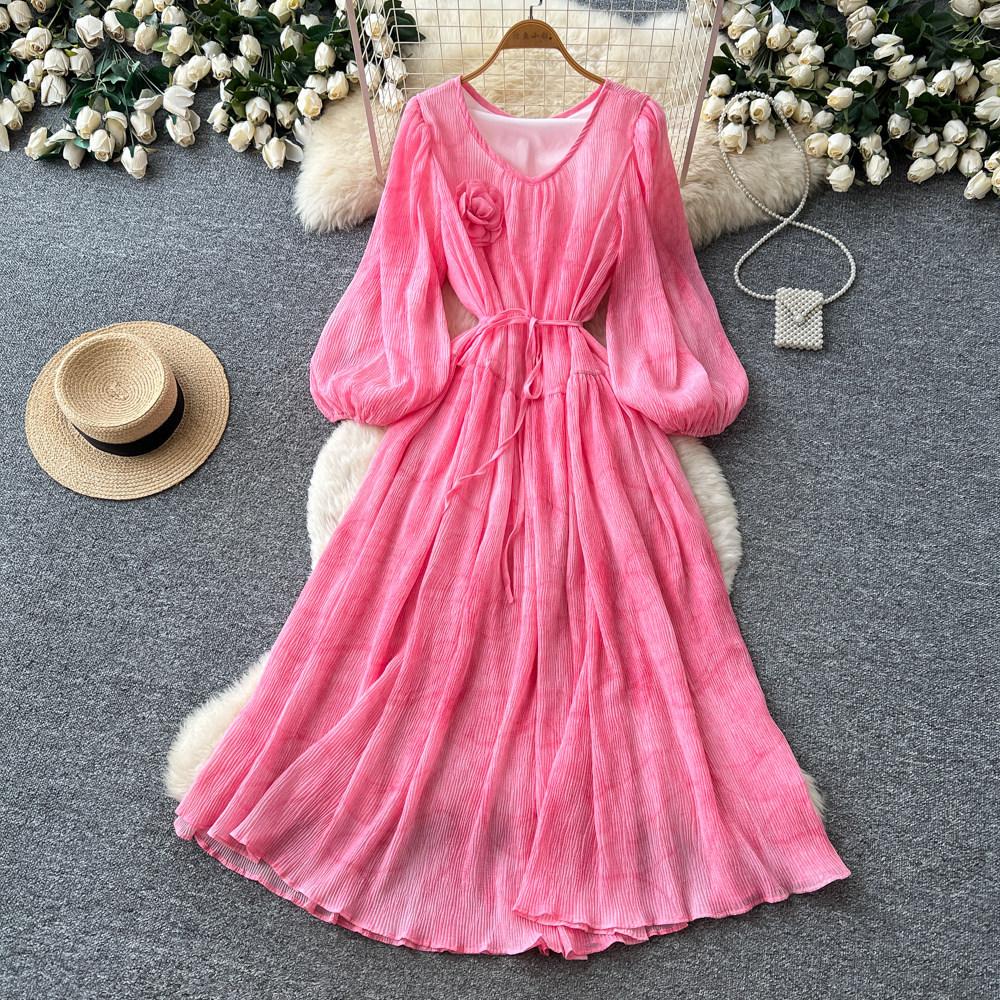 French gentle wind lantern sleeves V-neck dress women's summer lace-up waist thin A-shaped long dress temperament