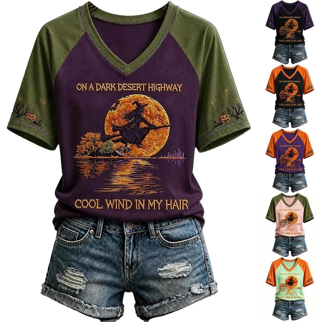 Women's Halloween Printed V-Neck Raglan Sleeve T-Shirt Casual Short Sleeve Top
