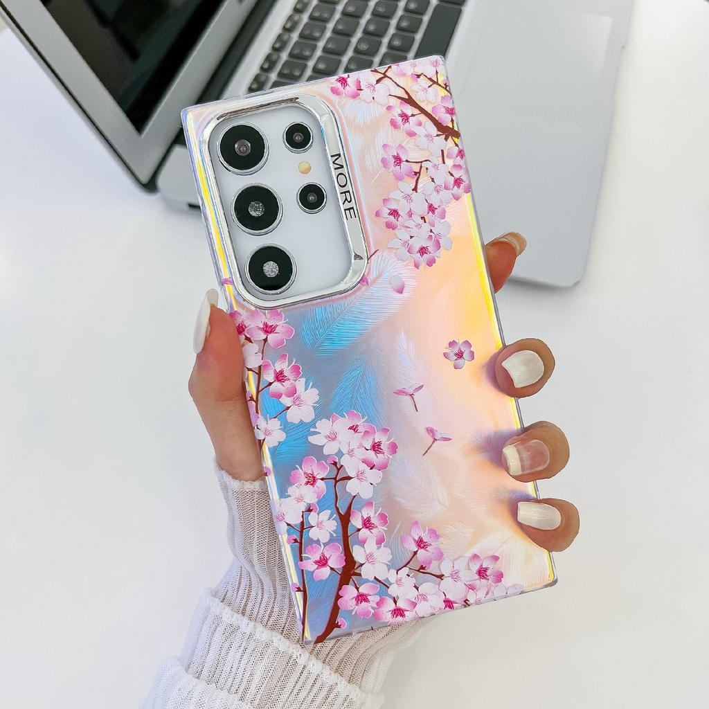 For Samsung Galaxy S24 Ultra Cell Phone Cases Electroplated Laser Flower Pattern PC+TPU Cover