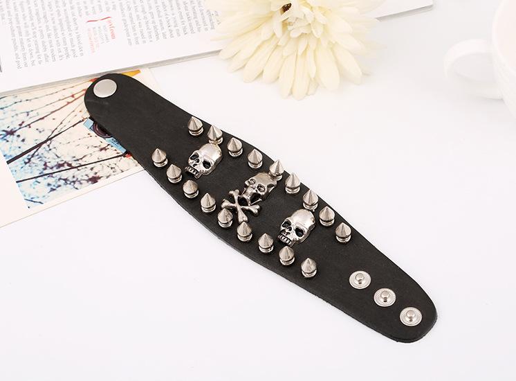 Punk Skeleton Bracelet for Men Metal Rivet Studs Personality Genuine Leather Bracelets Bangles