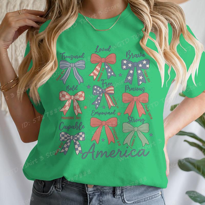 4th Of July Bows America Print Tshirt For Women Summer Casual Tshirts Short Sleeve Tops July 4th Gifts Independence Day Tshirt