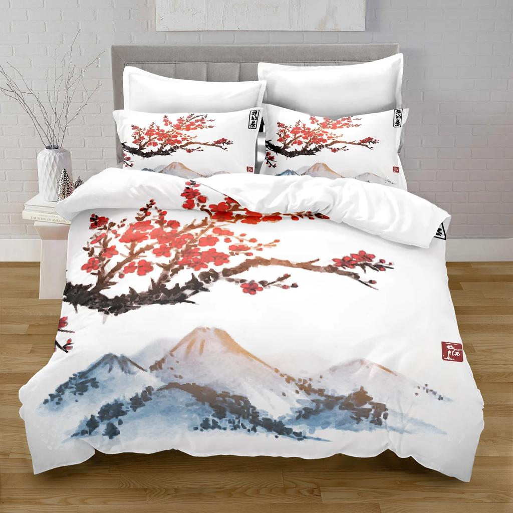 Ink Painting King Queen Duvet Cover Chinese Landscape Painting Bedding Set Adults Idyllic Scenery Mountain Polyester Quilt Cover