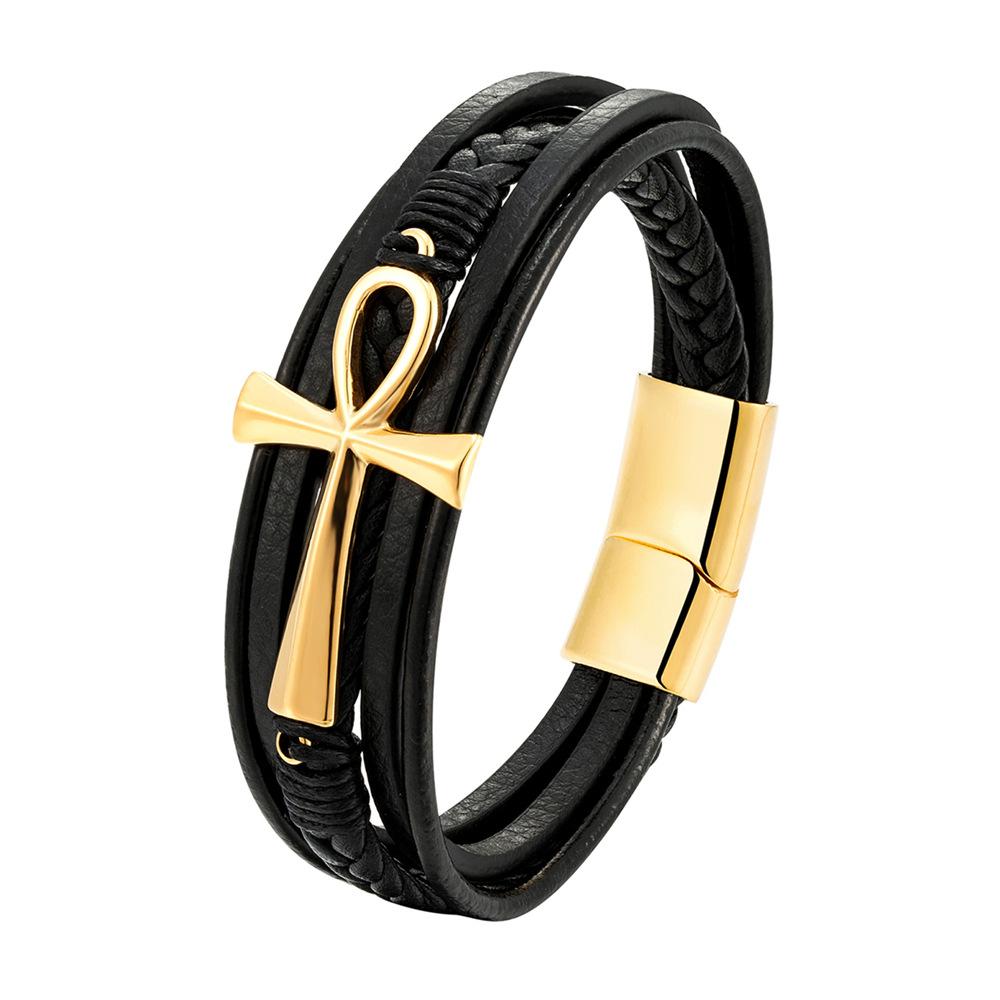2026 Multi-layer Woven Leather Bracelet Cross Bracelet Fashion Personality Men 19CM