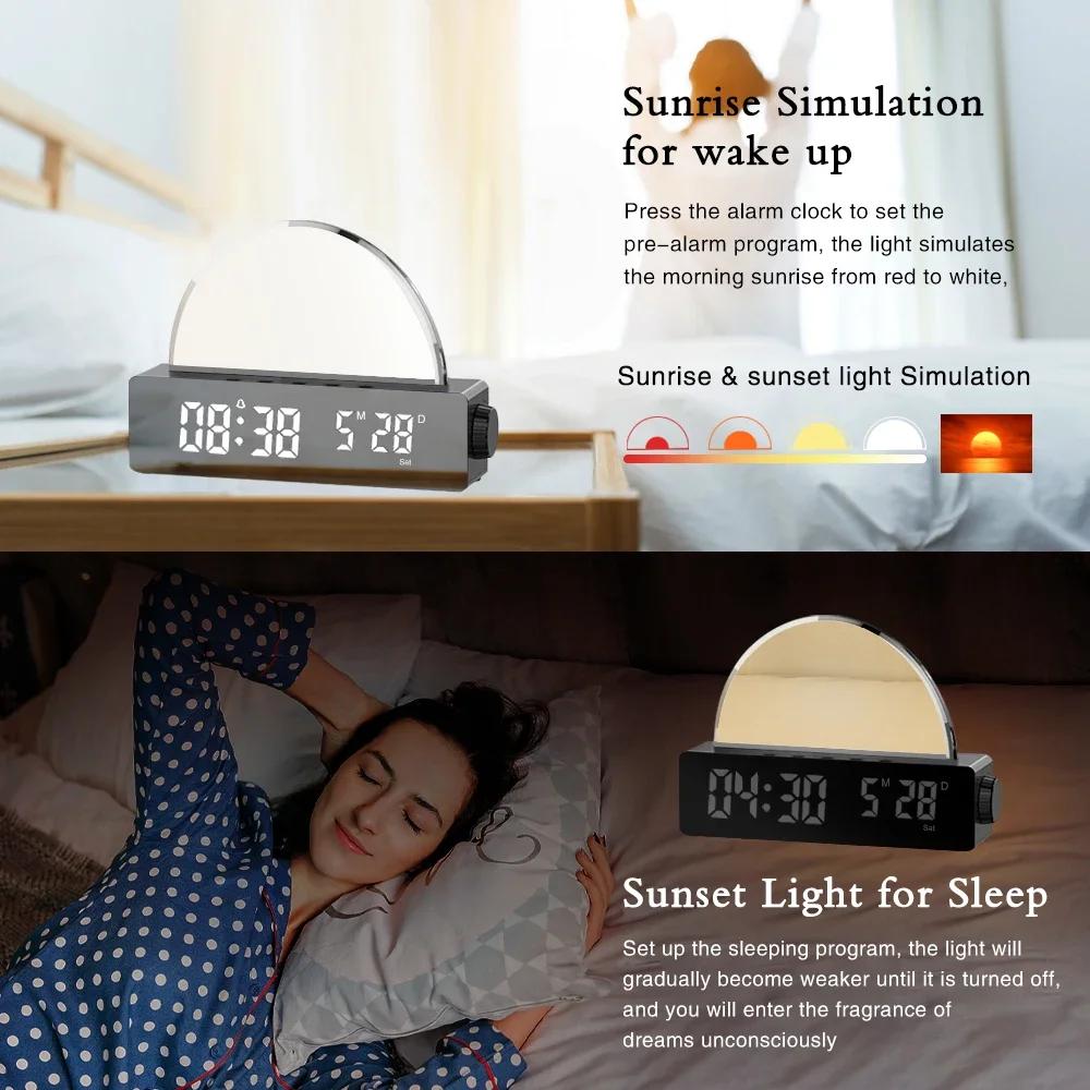 New RGB Color Changing LED Mirror Digital Desk Clock Sunrise Wake Up Light Alarm Clock for Bedroom Students