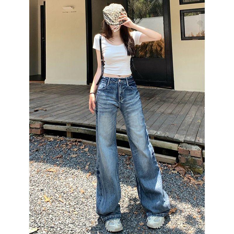 

Retro washed high waist does not stick to the legs, slightly pulled jeans for women s spring and summer new loose and thin long wide-leg pants tide XS синий
