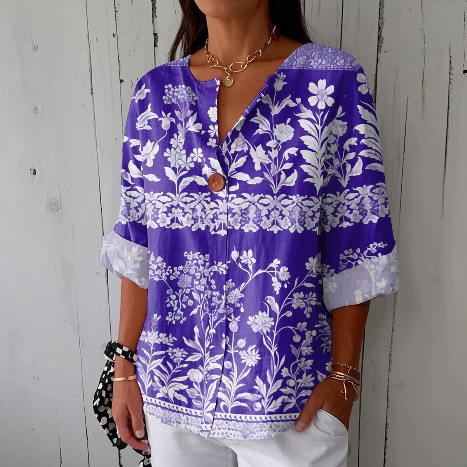 

Women s Fashionable Casual V-neck Button Seven Quarter Sleeve Printed Cotton And Linen Top XL фіолетовий