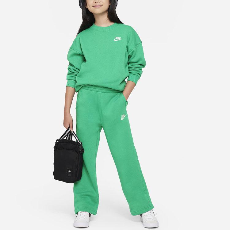 Nike Sportswear Club Fleece Logo Embroidered Ribbed Crew Neck Relaxed Sweatshirt Kids Tops Neon-Green FD2923-324