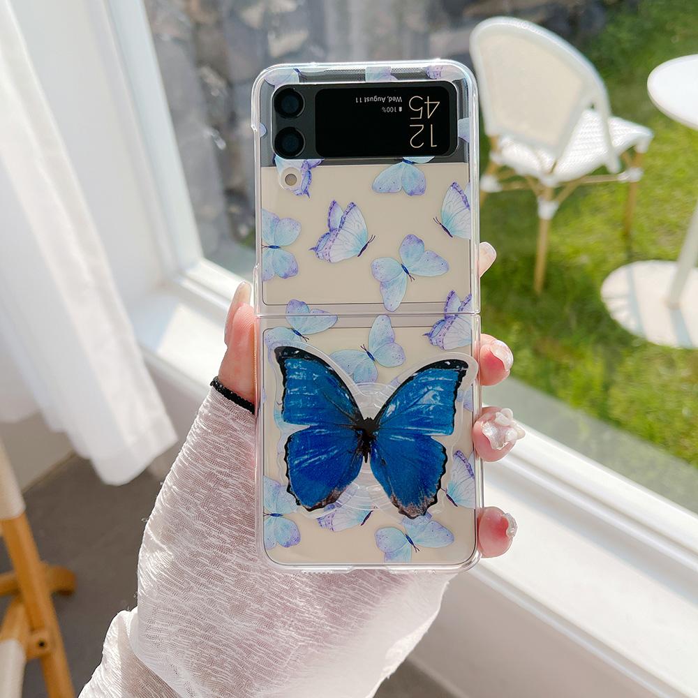 For Samsung Z Flip 4 Case Gradient Butterfly Transparent Case With Holder For Samsung Z Flip 3 Zflip4 Shockproof Hard Back Cover