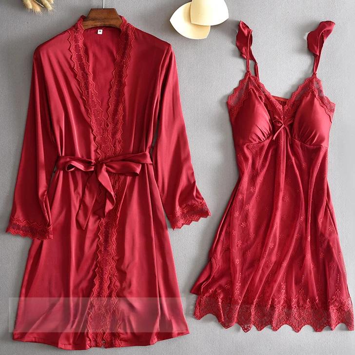 Burgundy Lace Bride Bridesmaid Wedding Robe Set Summertime Women Sleepwear Kimono Bathrobe Gown Sexy Satin Home Dress Lounge Wear