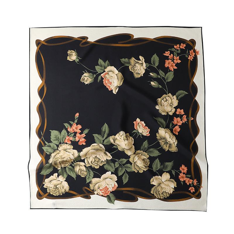 [Silk Double Crepe 61 Square Scarf] Literary Flowers Versatile Mulberry Silk Double Crepe Scarf Sunscreen Fashion Square Scarf Silk Scarf