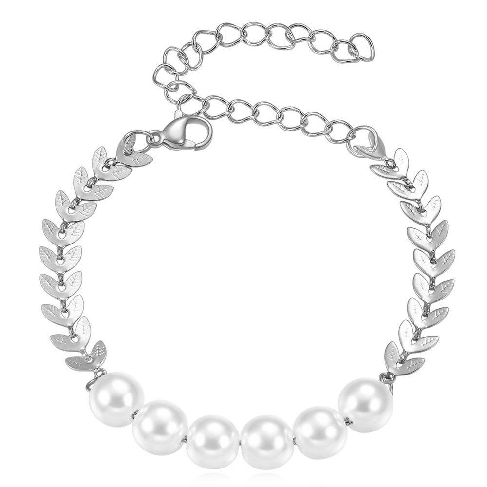 European & American Fashion Faux Pearl Titanium Steel Leaf Bracelet for Women