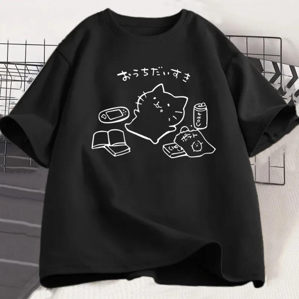 Japanese Style No Plan Cat Print T-shirt for Women Funny Short Sleeve Summer Tshirt Kawaii Kitty Cat Lover Tee Aesthetic Clothes