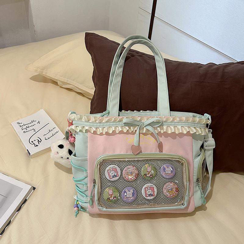 Women's Color Block College-Style Backpack with Ballet Ruffle Lace Design