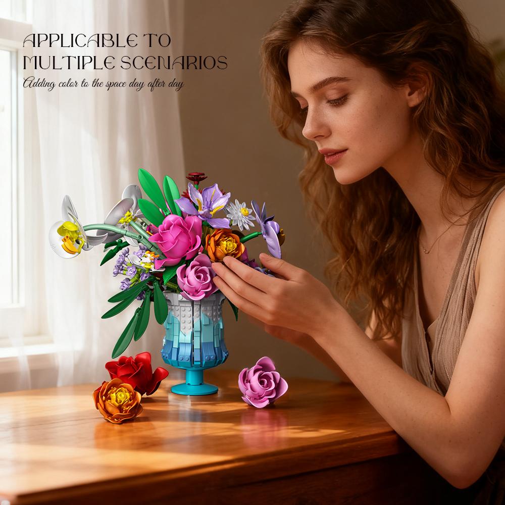 Non-Toxic 956Pcs Preserved Flowers Building Blocks Rose Daisy Lily Bouquet Vase Model Bricks Home Decoration Ornaments Kids Toys Gifts