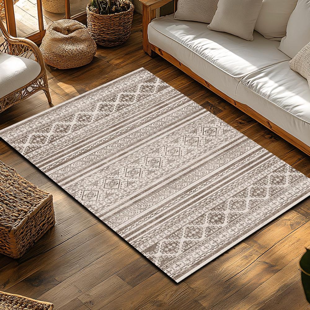 Beige Bohemian Area Rug, Floral Pattern Non-Slip Carpet, Natural Living Room Mat for Cozy Home Decor