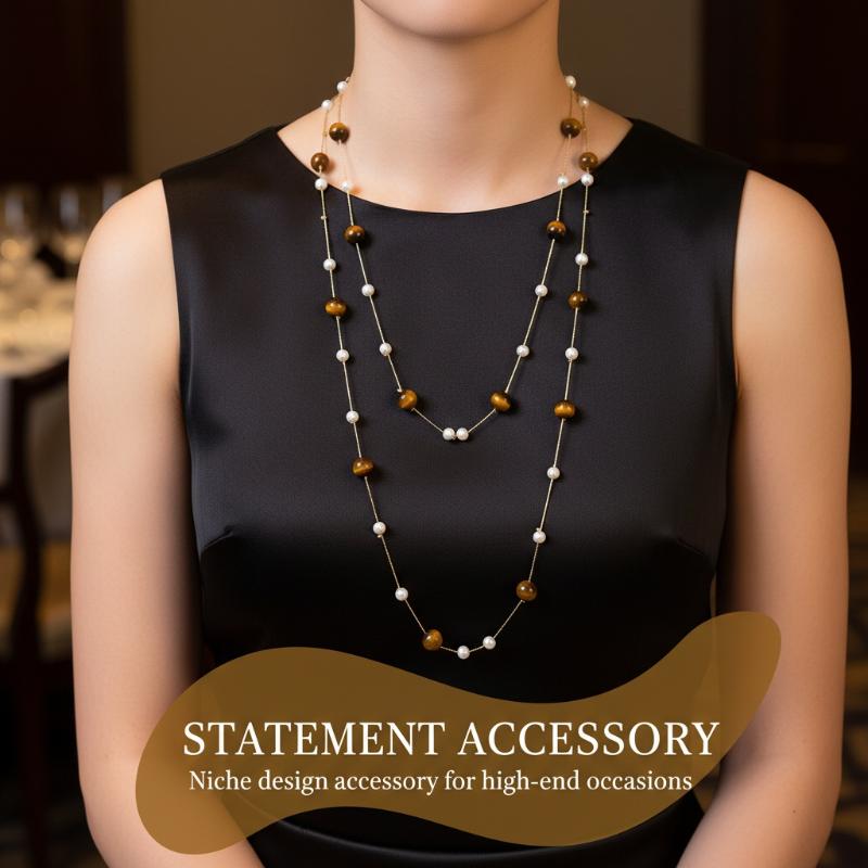 1Pcs Retro Stackable Glass Bead Sweater Neck Chain Multi-layer Tiger's Eye Stone Necklaces For Women Charms Jewelry Gifts