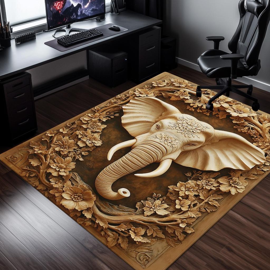 3D Carved Elephant Flower Crystal Velvet Rug Boho Style Living Room Floor Mat Natural Wood Look Anti Slip Area Carpet