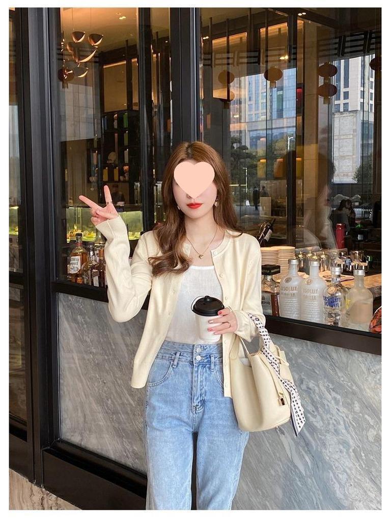 Spring & Autumn 2025 Solid Color Round Neck Slimming Knit Cardigan - Versatile Korean Style Long Sleeve Women's Top