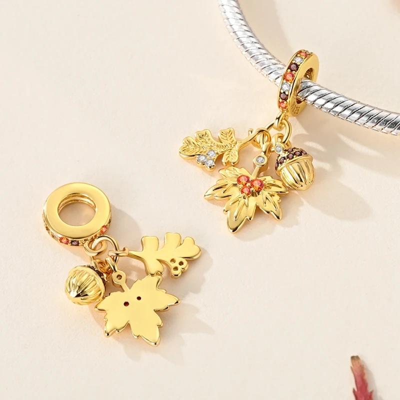 Copper Golden Autumn Series Charms Maple Leaves Pendants Pumpkin Beads Fit Original Bracelet Diy Jewelry Gift