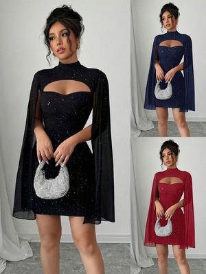 Women's Round Neck Hole Striped Pearl Mesh Cape Bodycon Dress