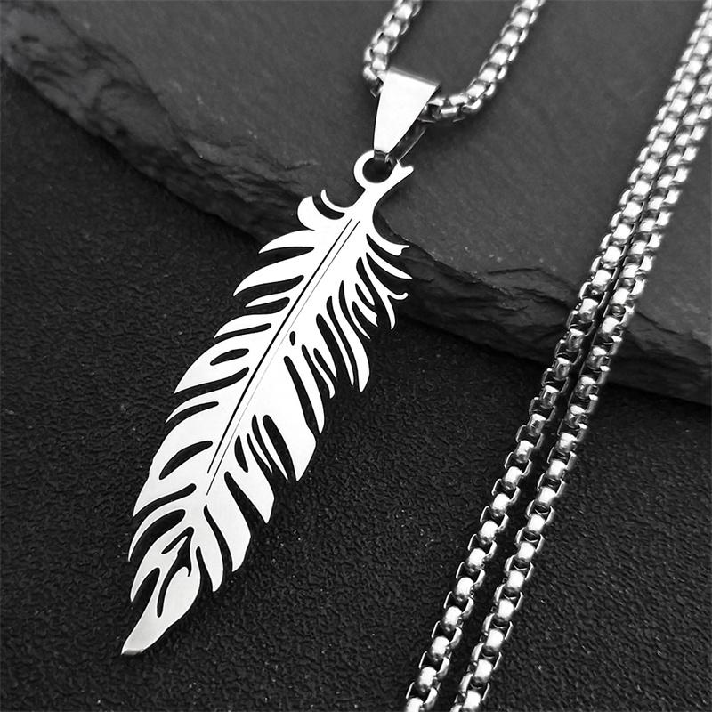 Boho Feather Pendant Male Necklace for Women Men Stainless Steel Silver Color Leaf Chain Jewelry Gift Collar Hombre N3393S01