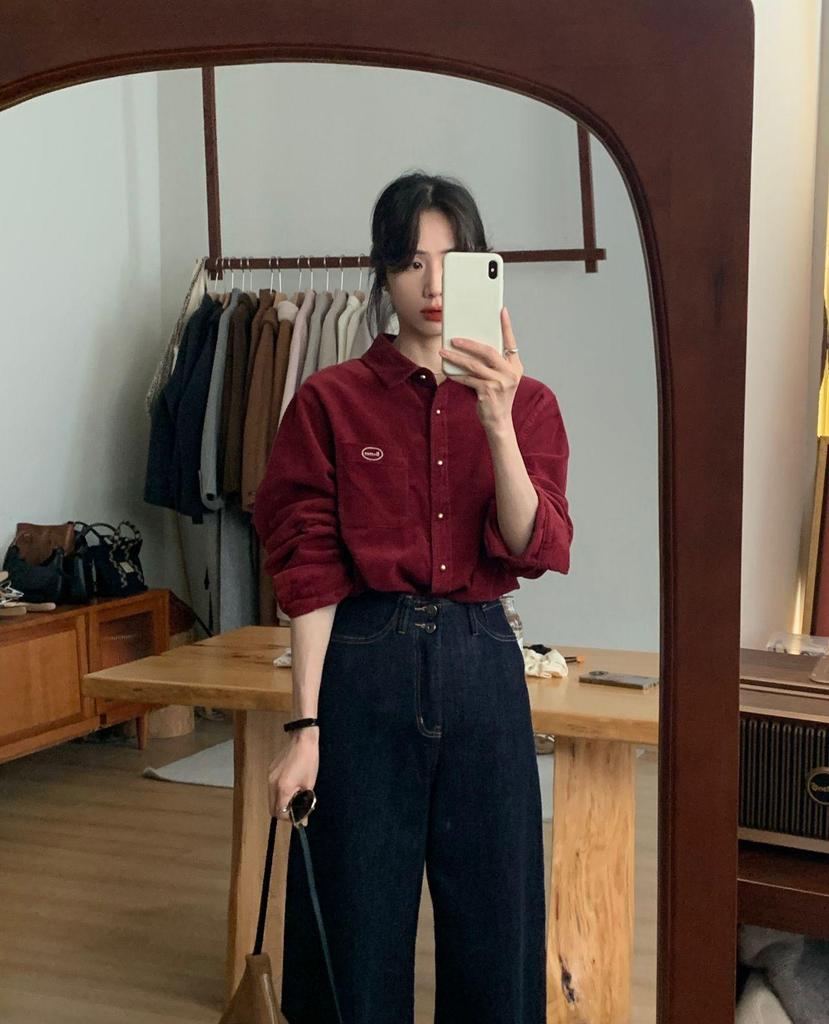 Damen Retro Rosa Cordhemdjacke - Herbst/Winter Langarm Oberteil