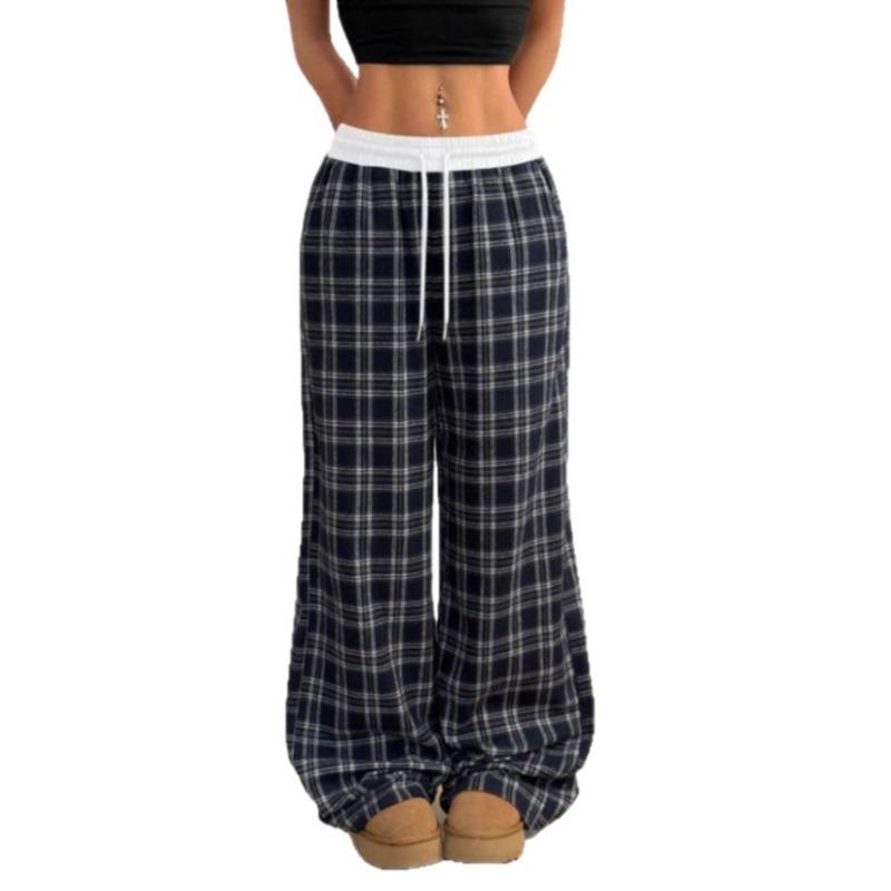 Pantaloni Casual Lunghi a Quadri con Vita Elastica e Gamba Larga, Stile Vintage Rilassato, per Donna