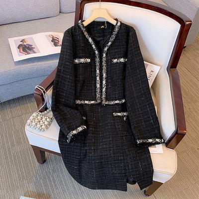 Women's Autumn Coat Strap Dress Two Piece Set Black