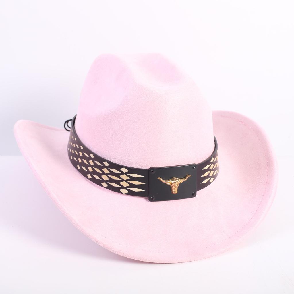 New Western Cowboy Hat Men's and Women's Versatile Wide Brim Top Hat Sun Hat Simple Bull Head Hat Strap