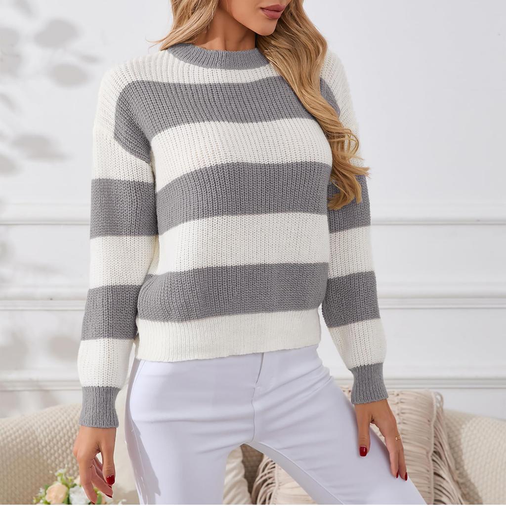 Pulover cu dungi pentru femei, larg și relaxat, pulover cu mâneci lungi, top tricotat cu gât rotund