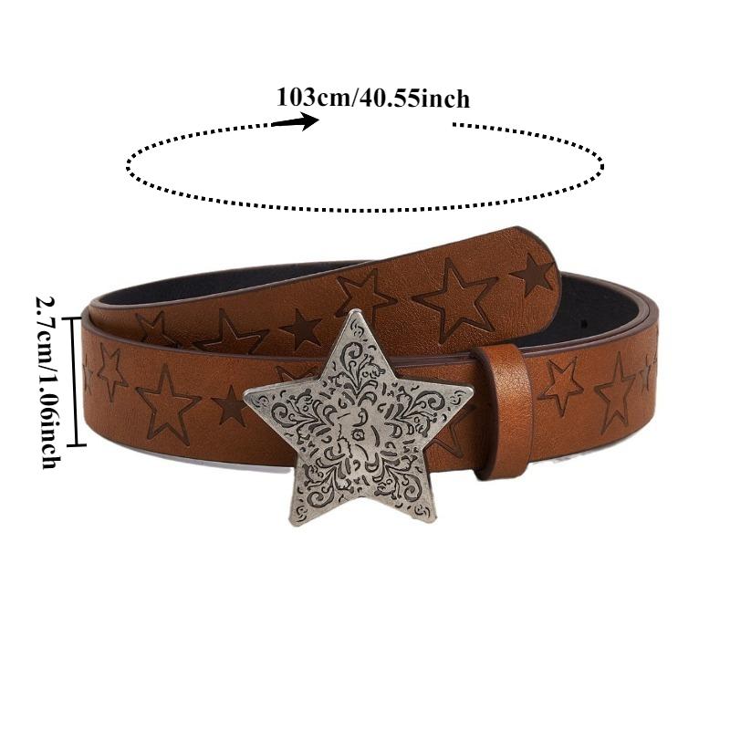 European American Style Edgy Everyday Brown Textured Snap-Closure Belt Fashionable Star Print Pattern Unisex Leather Belt