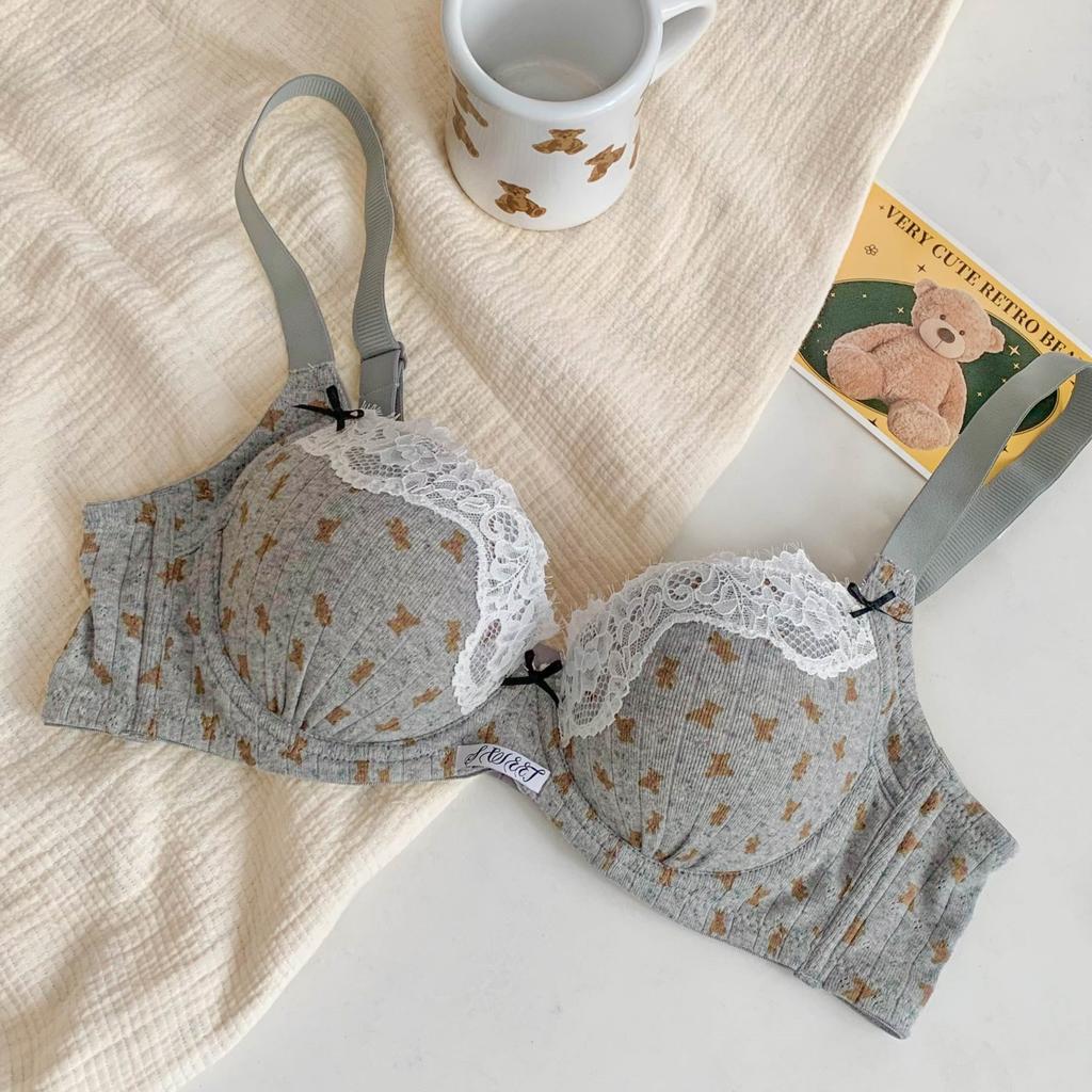 Printed bear French floral lace underwear women's small breasts gather to show large and thin bras new models