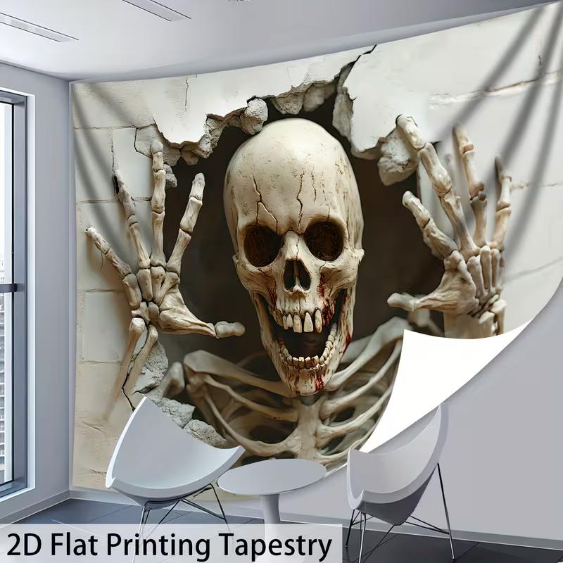 2D Spooky Skeleton Tapestry for Halloween Scary Skull Breaking Wall Hanging for Living Room Bedroom