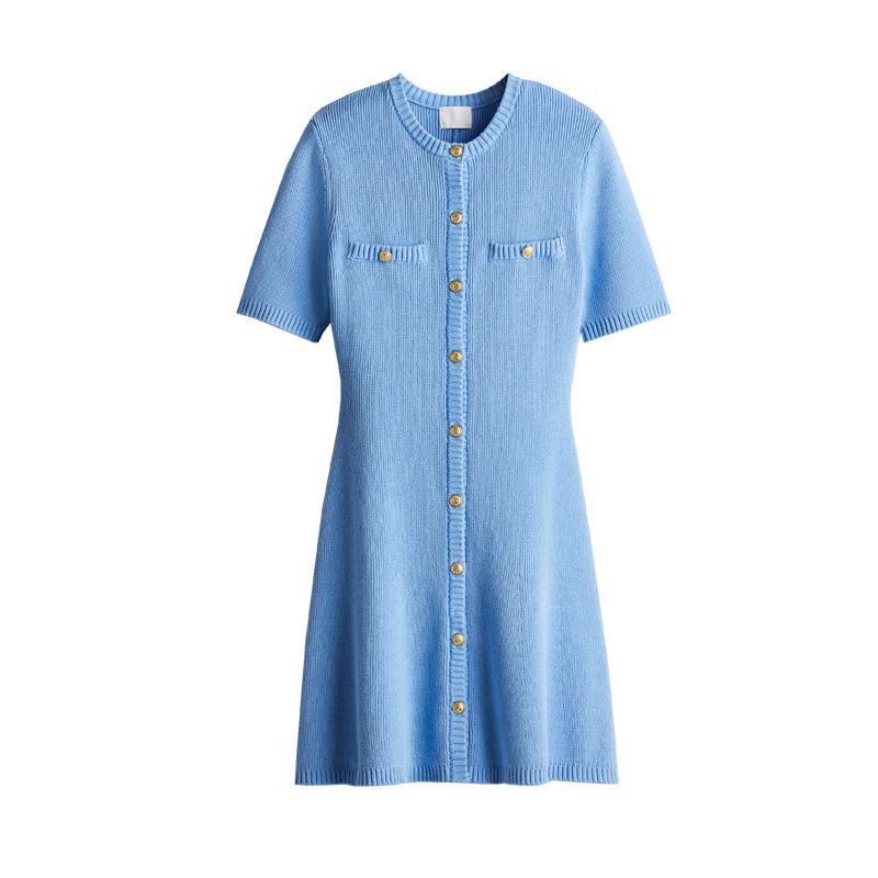 

Spring and Summer Women clothes Simple Style round Neck Short sleeve Cotton Front Buckle Rib Knitted dress 1229076 Blue L