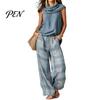 Casual Sleeveless Top Women Pants 2-Piece Set, Summer Ruffle Mock Neck Elastic Waist Suit & Plaid Wide Leg Pants, Vintage Loose Outfit Set Two