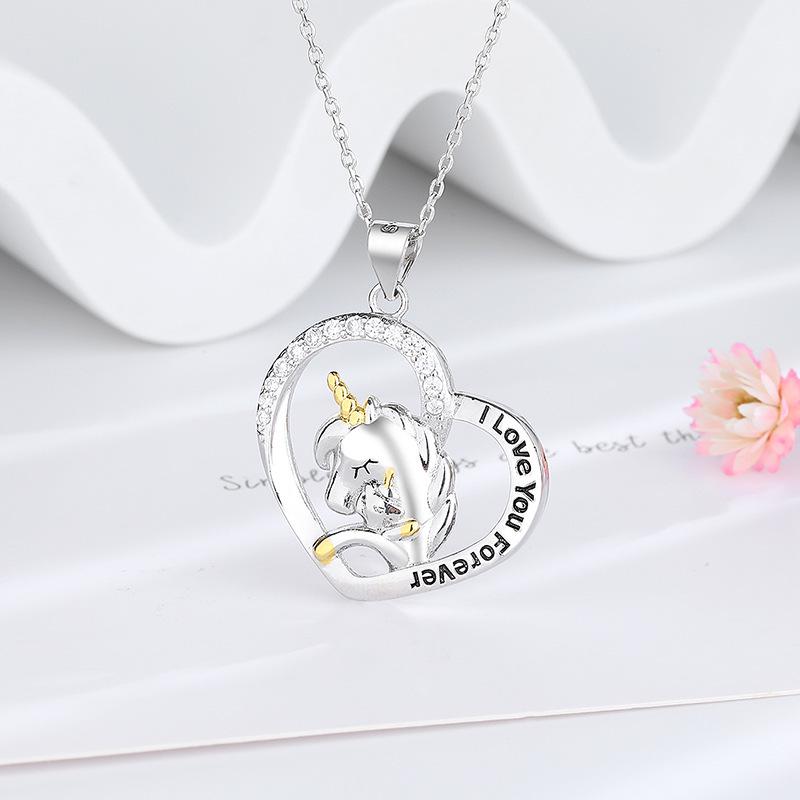 Heart-Shaped Mother-Daughter Unicorn Necklace with Name Engraving and Diamond Inlay