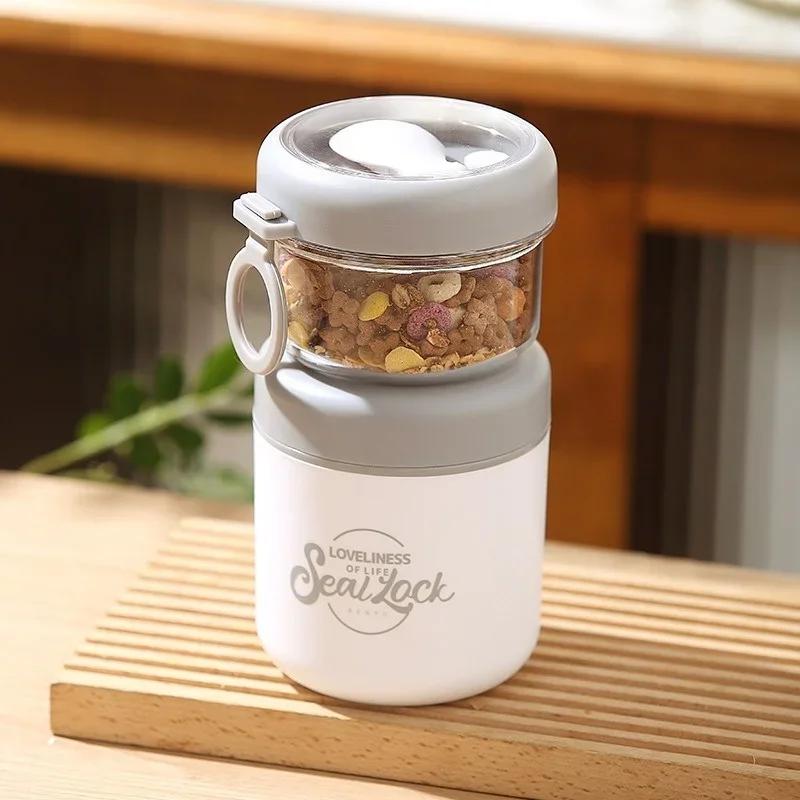 Double Layer Salad Cup Oatmeal Soup Cups with Spoon Stainless Steel Porridge Bowl Portable Office Worker Students Lunch Box