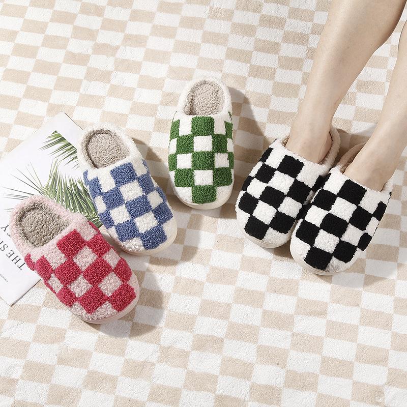 New Comfortable Home Checkerboard Warm Winter Cotton Slippers Couple Men and Women Thick-soled Soft-soled Cotton Shoes Thickened Non-slip
