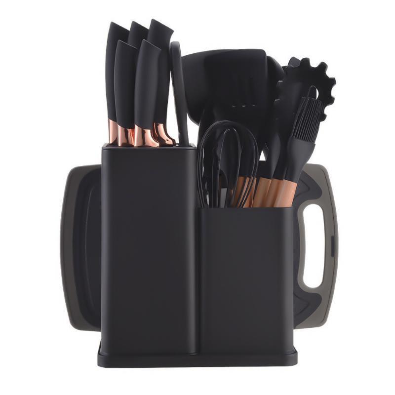 Wooden Handle 19 PCS Silicone Kitchen Utensil Set Food Grade Sharp Knives for Beginner Chef Cooking Use