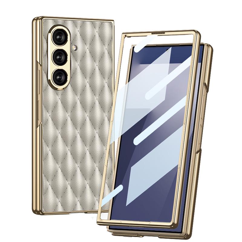Samsung ZFold7 Luxury Diamond Lattice Leather Case with Integrated Screen Protector