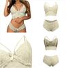 Floral Lace Sexy Lingerie Set, Strappy Bow Hollow Bra & Semi-sheer Boyshort Panties, Women's Sexy Lingerie & Underwear