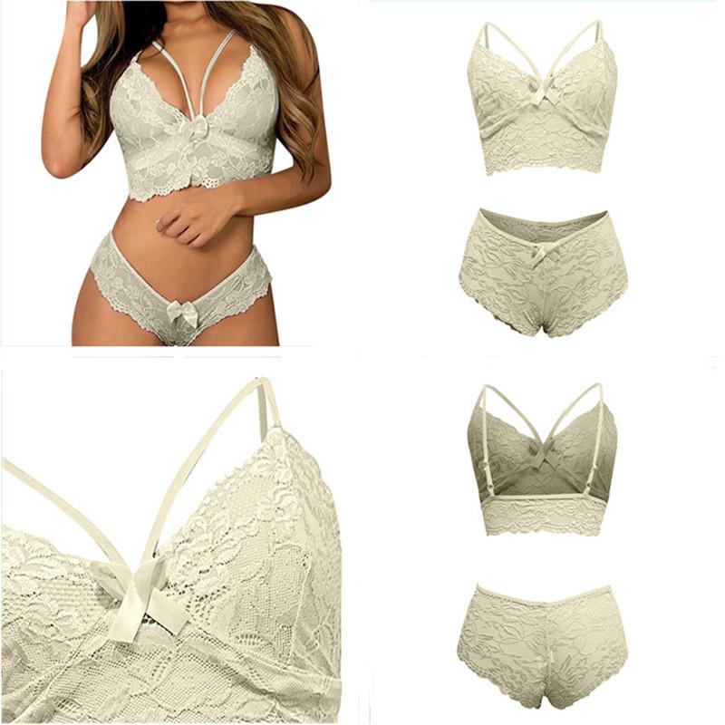 Floral Lace Sexy Lingerie Set, Strappy Bow Hollow Bra & Semi-sheer Boyshort Panties, Women's Sexy Lingerie & Underwear