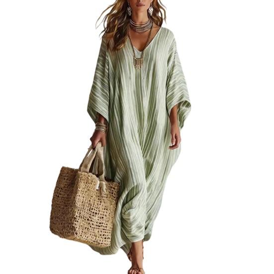 Women s Summer Striped Maxi Dress Loose Fit V-Neck 46085 Sleeve Boho Long Dress XL светло-зеленый