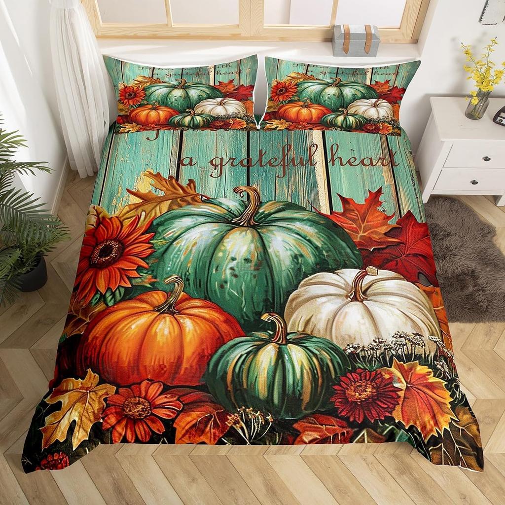 Fröhliches Thanksgiving BettbezugHerbsternte Kürbis Bettbezug Full King für Jungen Teenager Erwachsene Herbst Ahornblatt Bettwäsche-Set