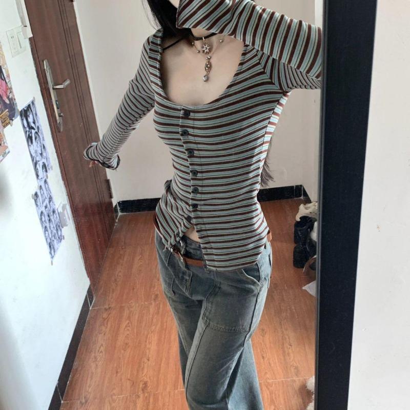 2KWEIRD Vintage Striped Cotton T Shirts Women Japanese Style Y2k Bandage Crop Tops Trendy 2000s Casual Long Sleeve Tees Female New