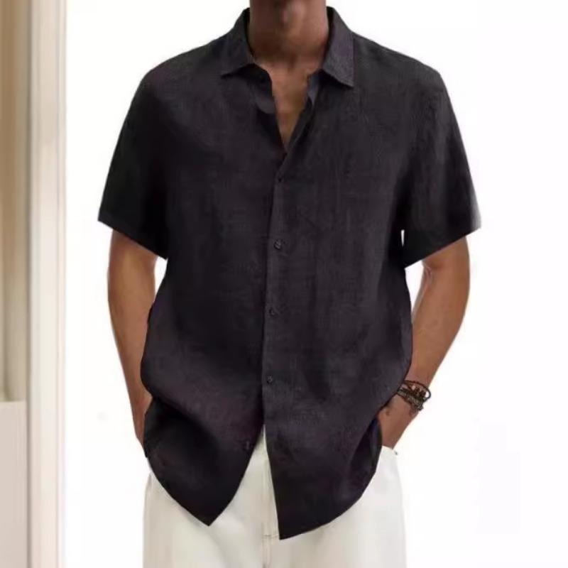 Popular Summer V-neck Button Cotton and Linen Solid Color Men's Trendy Shirt Men's Shirt
