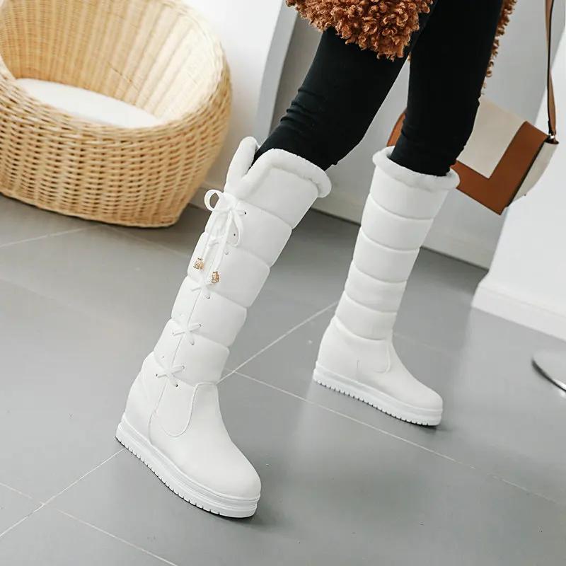 Winter Plush Warm Women Boots Comfortable Flat Knee High Boots Zipper Snow Boots Women Black White Pink Big Size 41 42 43