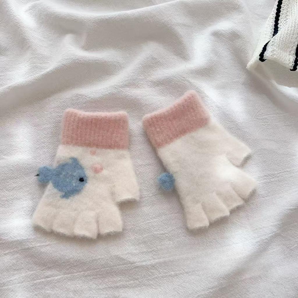 Cute Little Fish Gloves Winter Warm Baby Half Finger Cartoon Boy Minute Hand Knitted Color Blocking Gloves